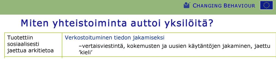 Verkostoituminen tiedon jakamiseksi vertaisviestintä, kokemusten ja uusien käytäntöjen jakaminen, jaettu kieli Haastettiin vanhoja konventioita itsestäänselvien uskomusten ja toimintatapojen