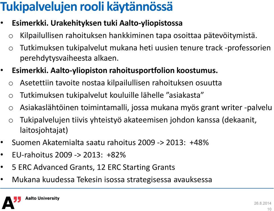 Asetettiin tavite nstaa kilpailullisen rahituksen suutta Tutkimuksen tukipalvelut kuluille lähelle asiakasta Asiakaslähtöinen timintamalli, jssa mukana myös grant writer -palvelu