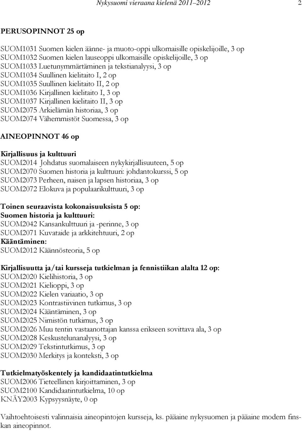 kielitaito II, 3 op SUOM2075 Arkielämän historiaa, 3 op SUOM2074 Vähemmistöt Suomessa, 3 op AINEOPINNOT 46 op Kirjallisuus ja kulttuuri SUOM2014 Johdatus suomalaiseen nykykirjallisuuteen, 5 op