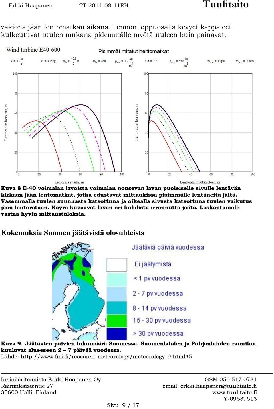 Vasemmalla tuulen suunnasta katsottuna ja oikealla sivusta katsottuna tuulen vaikutus jään lentorataan. Käyrä kuvaavat lavan eri kohdista irronnutta jäätä.