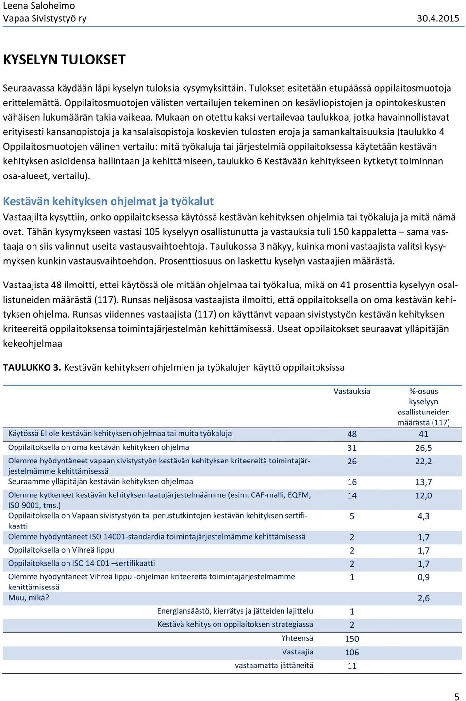 Mukaan on otettu kaksi vertailevaa taulukkoa, jotka havainnollistavat erityisesti kansanopistoja ja kansalaisopistoja koskevien tulosten eroja ja samankaltaisuuksia (taulukko 4 Oppilaitosmuotojen