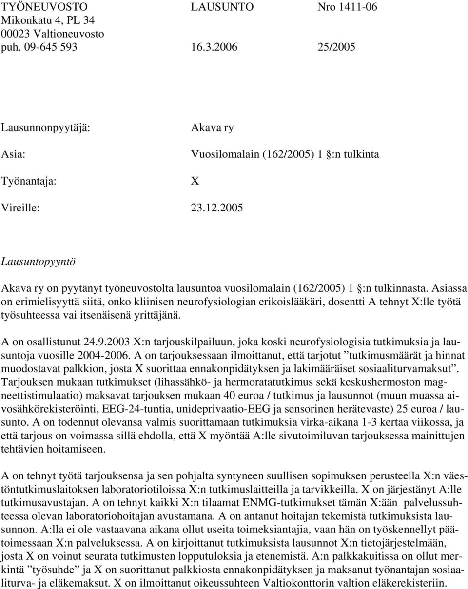 Asiassa on erimielisyyttä siitä, onko kliinisen neurofysiologian erikoislääkäri, dosentti A tehnyt X:lle työtä työsuhteessa vai itsenäisenä yrittäjänä. A on osallistunut 24.9.