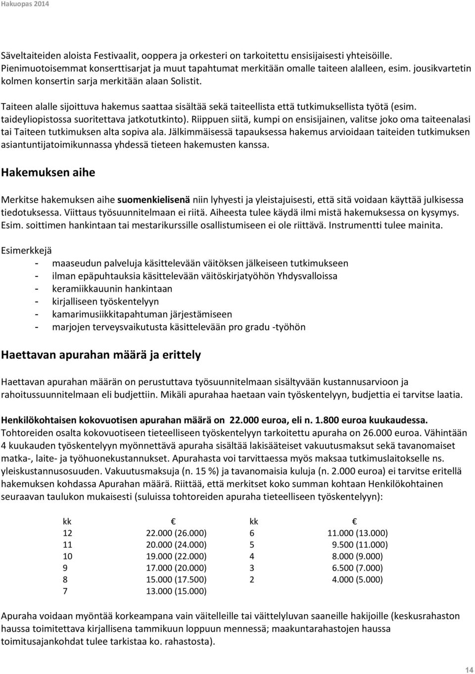 taideyliopistossa suoritettava jatkotutkinto). Riippuen siitä, kumpi on ensisijainen, valitse joko oma taiteenalasi tai Taiteen tutkimuksen alta sopiva ala.