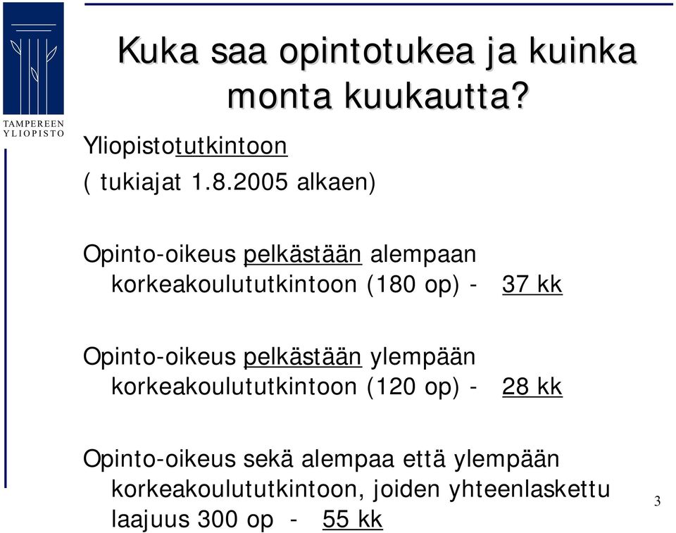 Opinto oikeus pelkästään ylempään korkeakoulututkintoon (120 op) 28 kk Opinto oikeus