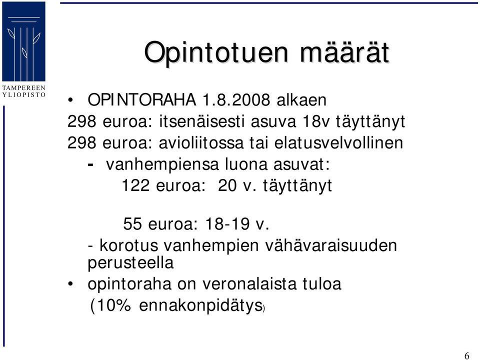 avioliitossa tai elatusvelvollinen vanhempiensa luona asuvat: 122 euroa: 20 v.