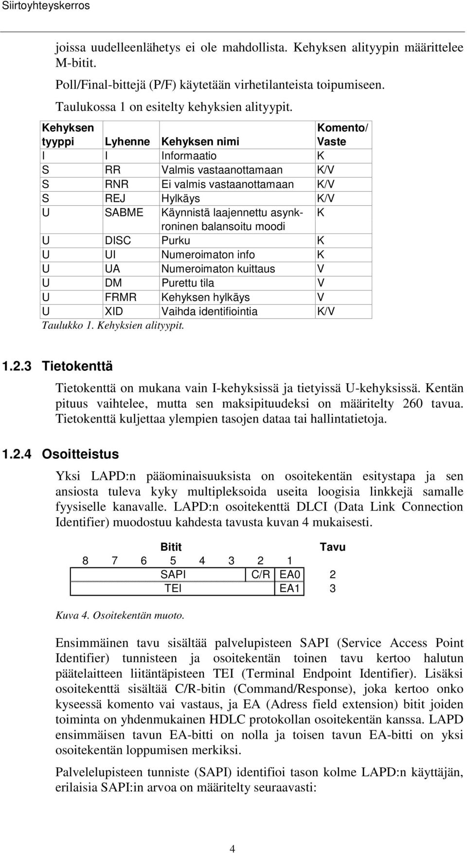 Kehyksen Komento/ tyyppi Lyhenne Kehyksen nimi Vaste I I Informaatio K S RR Valmis vastaanottamaan K/V S RNR Ei valmis vastaanottamaan K/V S REJ Hylkäys K/V U SABME Käynnistä laajennettu asynk- K