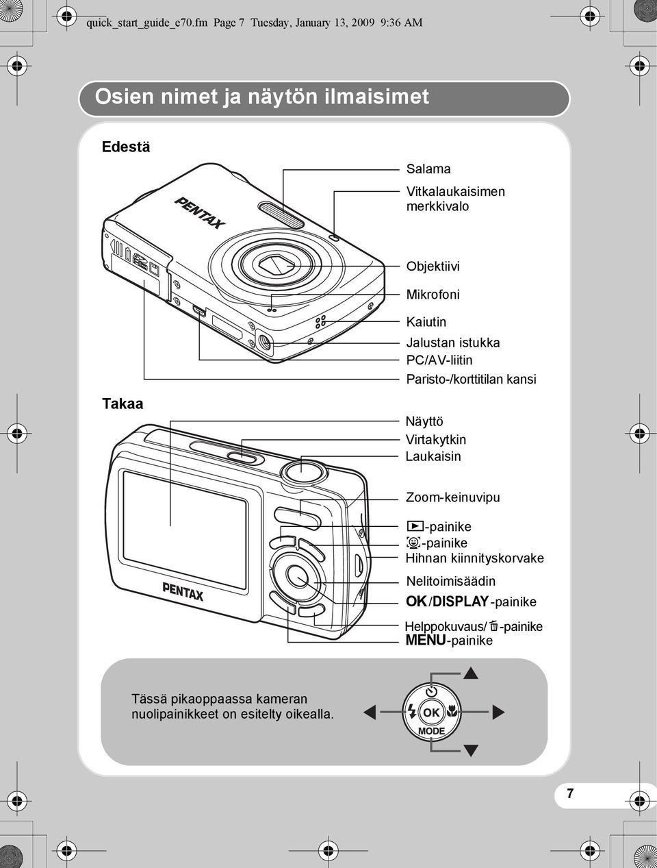 merkkivalo Objektiivi Mikrofoni Takaa Kaiutin Jalustan istukka PC/AV-liitin Paristo-/korttitilan kansi Näyttö