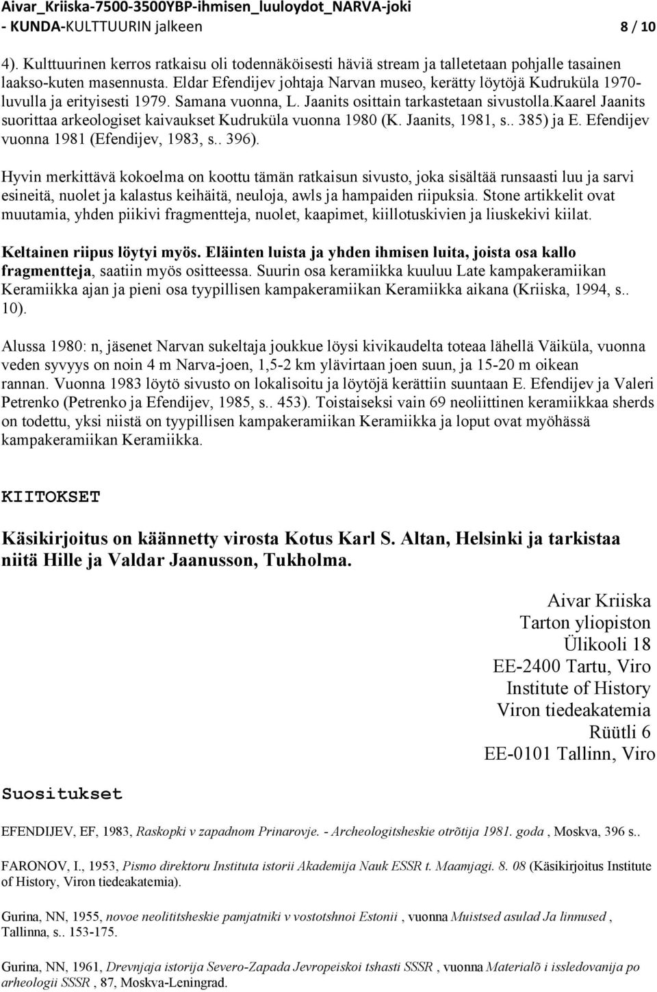 kaarel Jaanits suorittaa arkeologiset kaivaukset Kudruküla vuonna 980 (K. Jaanits, 98, s.. 385) ja E. Efendijev vuonna 98 (Efendijev, 983, s.. 396).