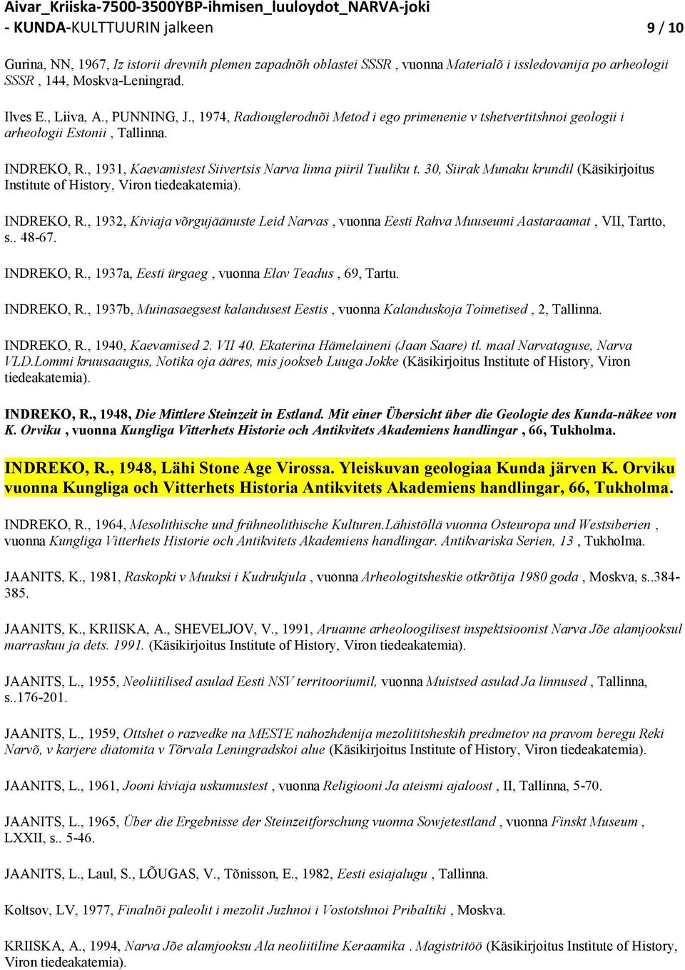 30, Siirak Munaku krundil (Käsikirjoitus Institute of History, Viron tiedeakatemia). INDREKO, R., 932, Kiviaja võrgujäänuste Leid Narvas, vuonna Eesti Rahva Muuseumi Aastaraamat, VII, Tartto, s.