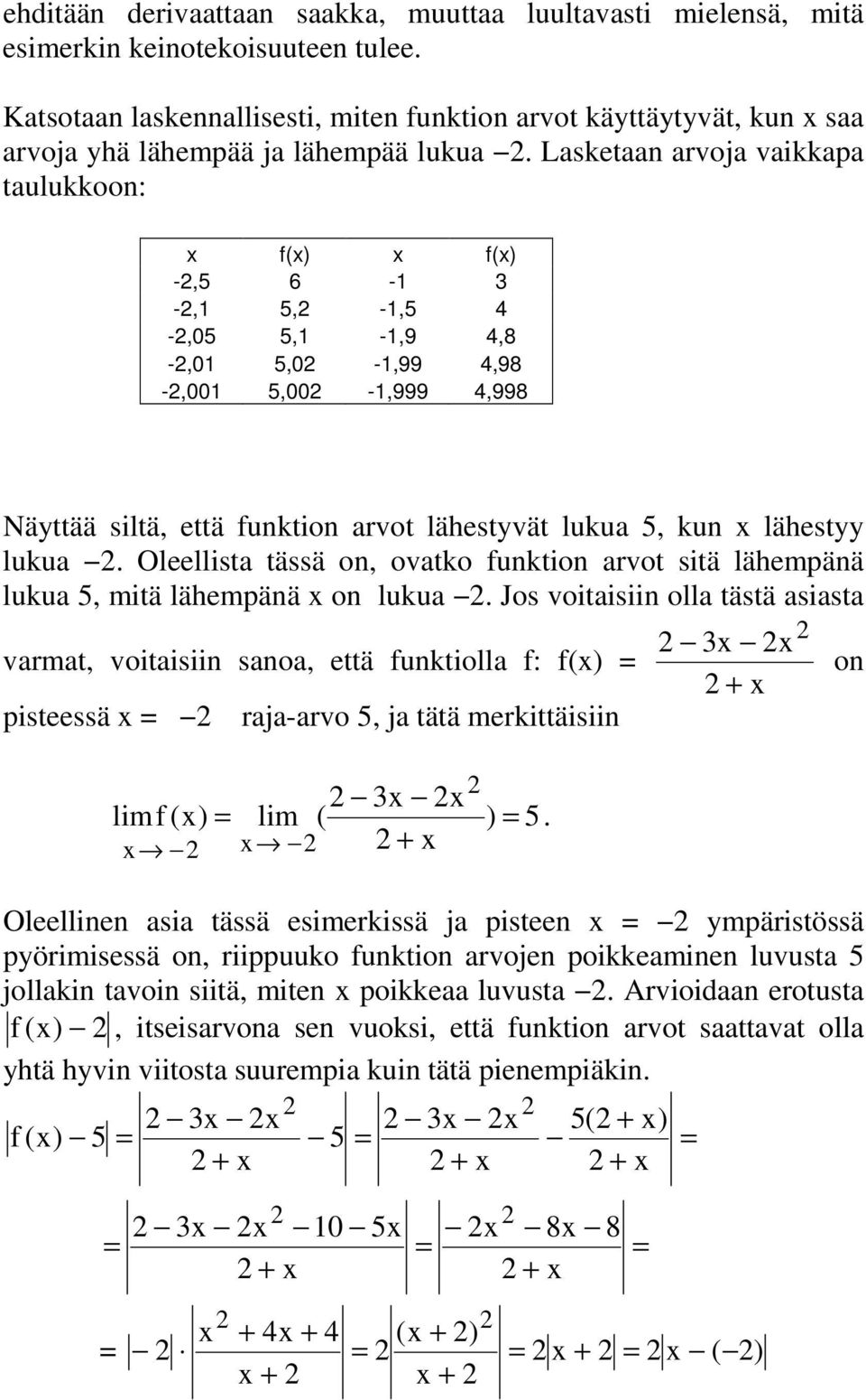 Lasketaan arvoja vaikkapa taulukkoon: x f(x) x f(x) -,5 6-3 -, 5, -,5 4 -,05 5, -,9 4,8 -,0 5,0 -,99 4,98 -,00 5,00 -,999 4,998 Näyttää siltä, että funktion arvot lähestyvät lukua 5, kun x lähestyy