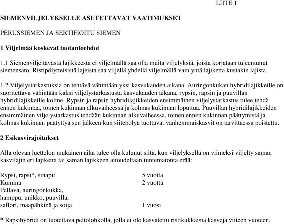 Ristipölytteisistä lajeista saa viljellä yhdellä viljelmällä vain yhtä lajiketta kustakin lajista. 1.2 Viljelystarkastuksia on tehtävä vähintään yksi kasvukauden aikana.