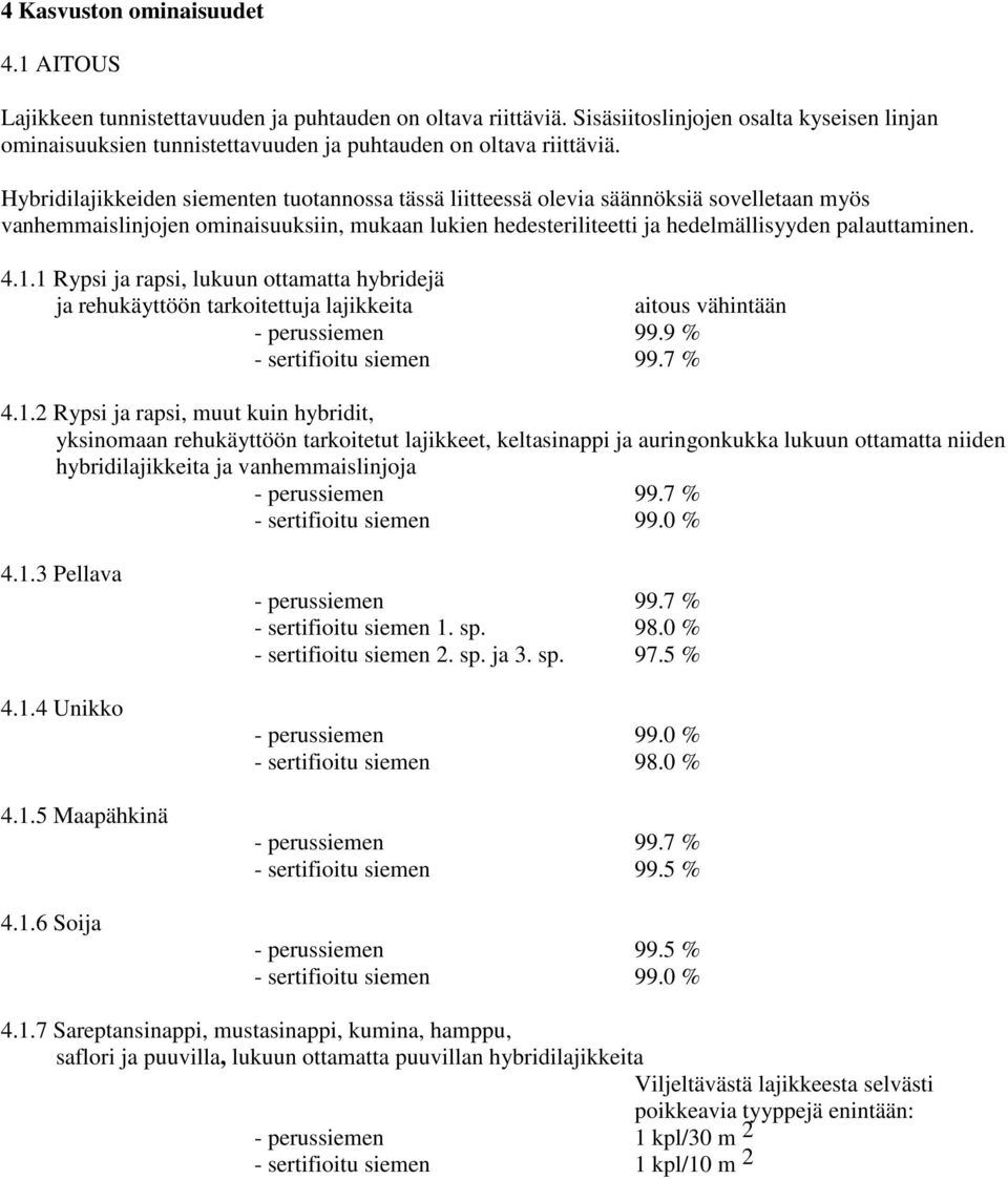 Hybridilajikkeiden siementen tuotannossa tässä liitteessä olevia säännöksiä sovelletaan myös vanhemmaislinjojen ominaisuuksiin, mukaan lukien hedesteriliteetti ja hedelmällisyyden palauttaminen. 4.1.