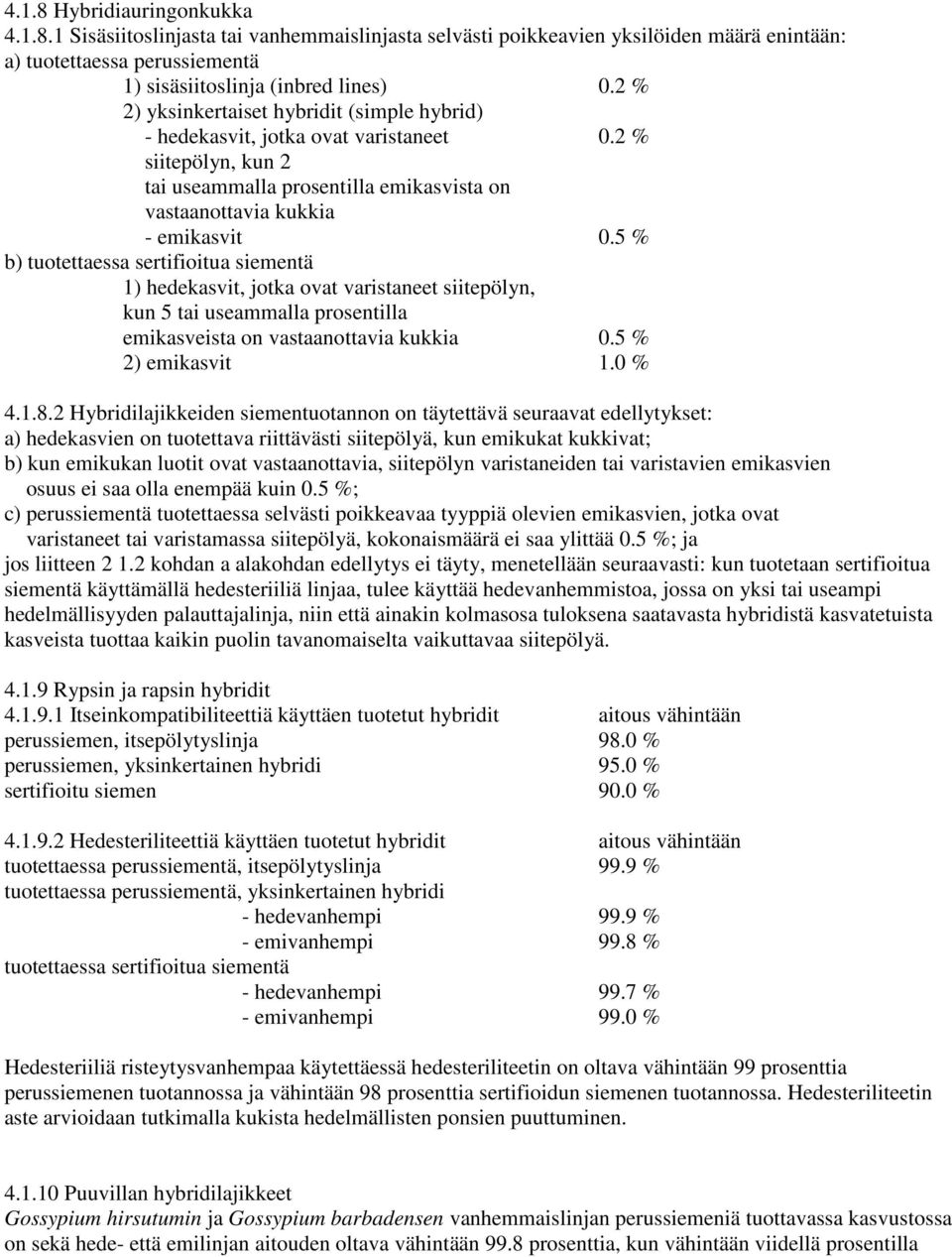 5 % b) tuotettaessa sertifioitua siementä 1) hedekasvit, jotka ovat varistaneet siitepölyn, kun 5 tai useammalla prosentilla emikasveista on vastaanottavia kukkia 0.5 % 2) emikasvit 1.0 % 4.1.8.