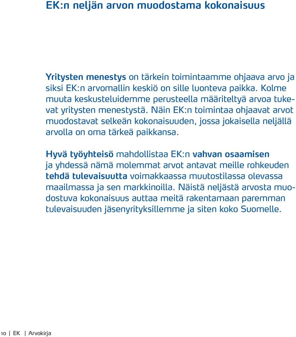 Näin EK:n toimintaa ohjaavat arvot muodostavat selkeän kokonaisuuden, jossa jokaisella neljällä arvolla on oma tärkeä paikkansa.