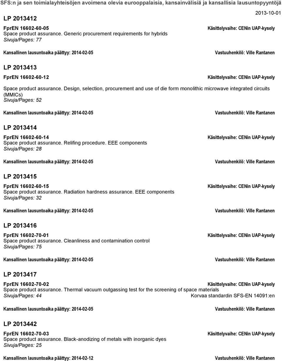 Design, selection, procurement and use of die form monolithic microwave integrated circuits (MMICs) Sivuja/Pages: 52 Kansallinen lausuntoaika päättyy: 2014-02-05 LP 2013414 FprEN 16602-60-14 Space