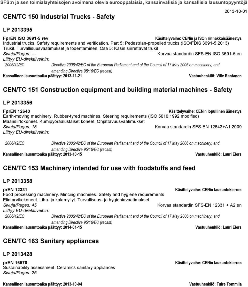 Osa 5: Käsin siirrettävät trukit Korvaa standardin SFS-EN ISO 3691-5:en 2006/42/EC Directive 2006/42/EC of the European Parliament and of the Council of 17 May 2006 on machinery, and amending