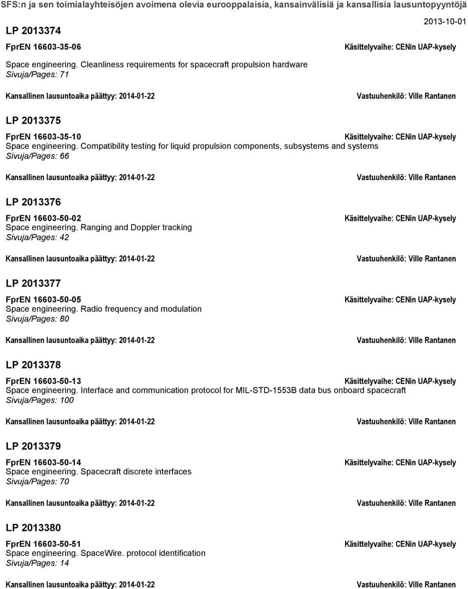 Compatibility testing for liquid propulsion components, subsystems and systems Sivuja/Pages: 66 Kansallinen lausuntoaika päättyy: 2014-01-22 LP 2013376 FprEN 16603-50-02 Space engineering.