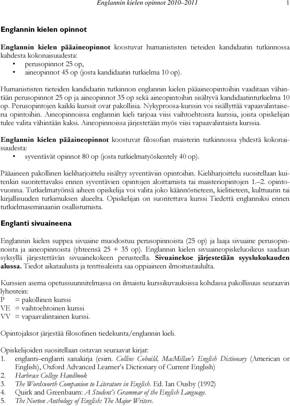 Humanististen tieteiden kandidaatin tutkinnon englannin kielen pääaineopintoihin vaaditaan vähintään perusopinnot 25 op ja aineopinnot 35 op sekä aineopintoihin sisältyvä kandidaatintutkielma 10 op.
