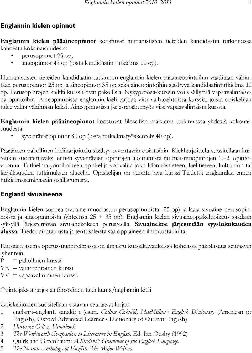 Humanististen tieteiden kandidaatin tutkinnon englannin kielen pääaineopintoihin vaaditaan vähintään perusopinnot 25 op ja aineopinnot 35 op sekä aineopintoihin sisältyvä kandidaatintutkielma 10 op.