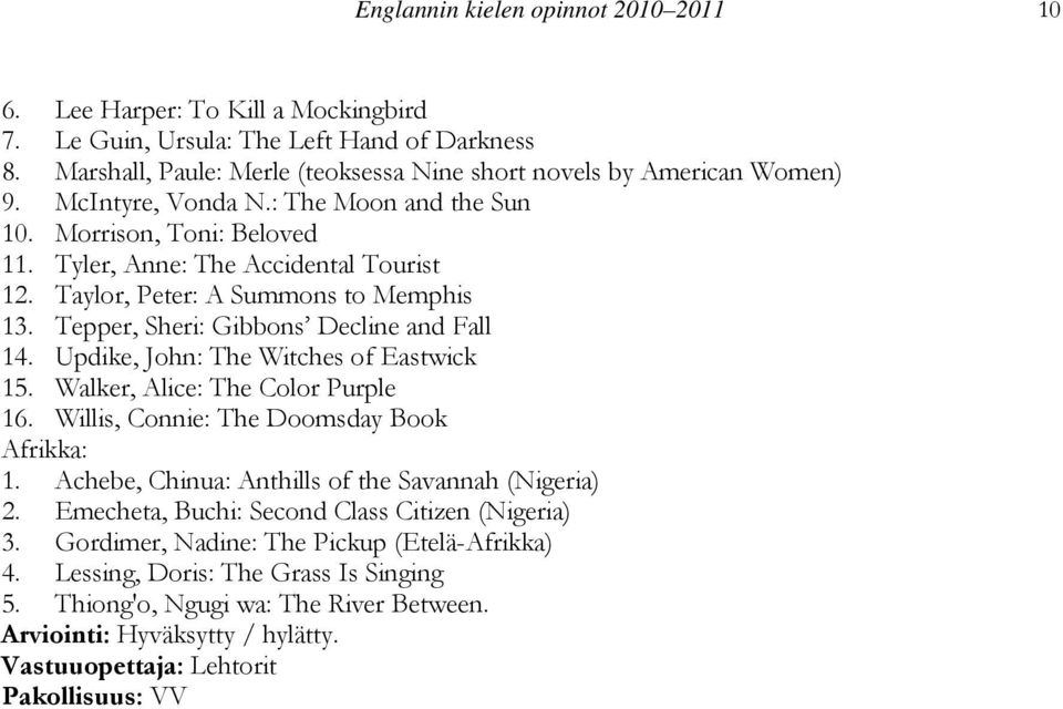 Updike, John: The Witches of Eastwick 15. Walker, Alice: The Color Purple 16. Willis, Connie: The Doomsday Book Afrikka: 1. Achebe, Chinua: Anthills of the Savannah (Nigeria) 2.