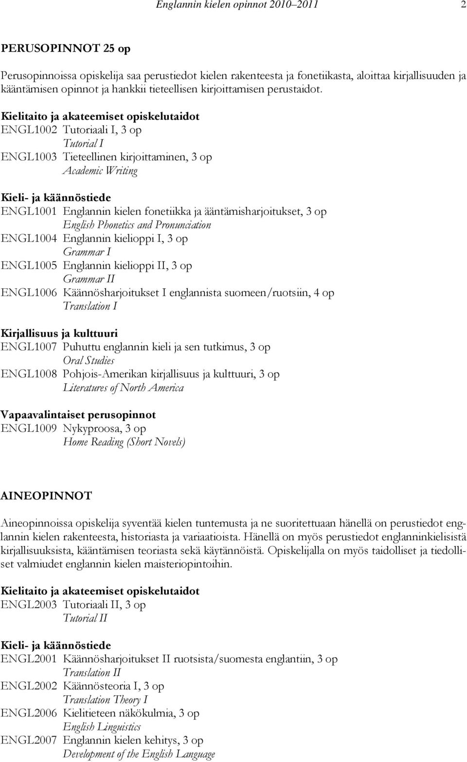 Kielitaito ja akateemiset opiskelutaidot ENGL1002 Tutoriaali I, 3 op Tutorial I ENGL1003 Tieteellinen kirjoittaminen, 3 op Academic Writing Kieli- ja käännöstiede ENGL1001 Englannin kielen fonetiikka