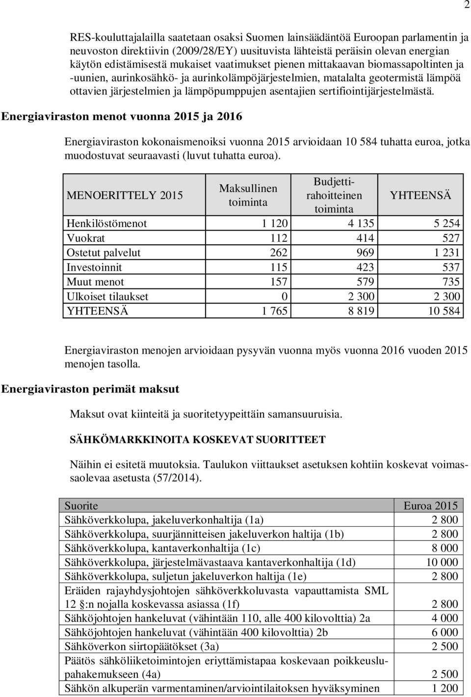 sertifiointijärjestelmästä. Energiaviraston menot vuonna 2015 ja 2016 Energiaviraston kokonaismenoiksi vuonna 2015 arvioidaan 10 584 tuhatta euroa, jotka muodostuvat seuraavasti (luvut tuhatta euroa).