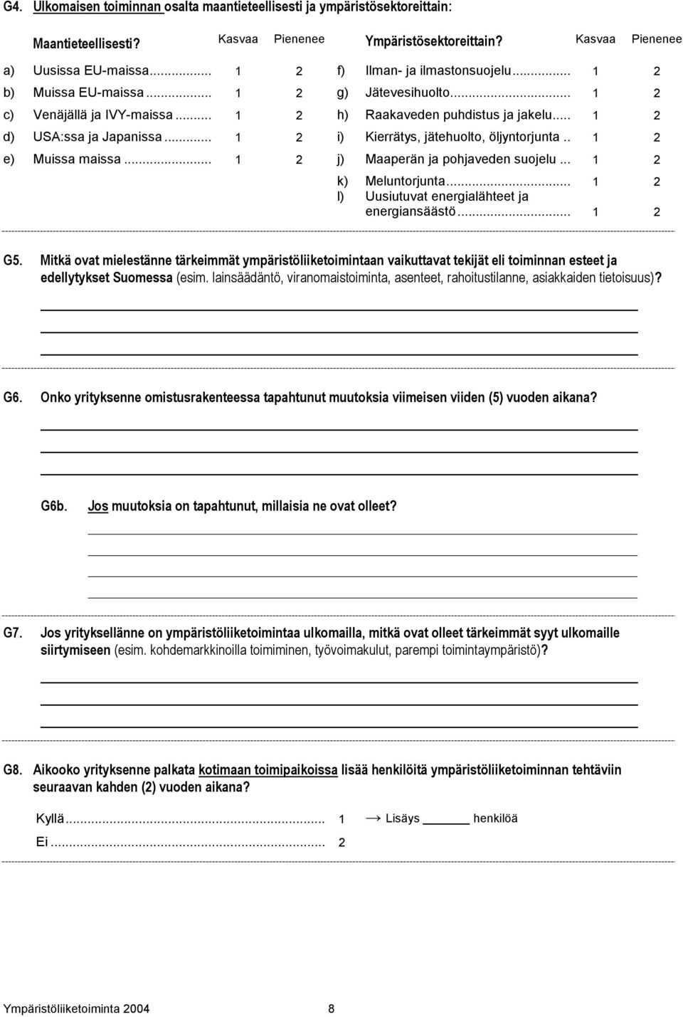 .. 1 2 i) Kierrätys, jätehuolto, öljyntorjunta.. 1 2 e) Muissa maissa... 1 2 j) Maaperän ja pohjaveden suojelu... 1 2 k) Meluntorjunta... 1 2 l) Uusiutuvat energialähteet ja energiansäästö... 1 2 G5.