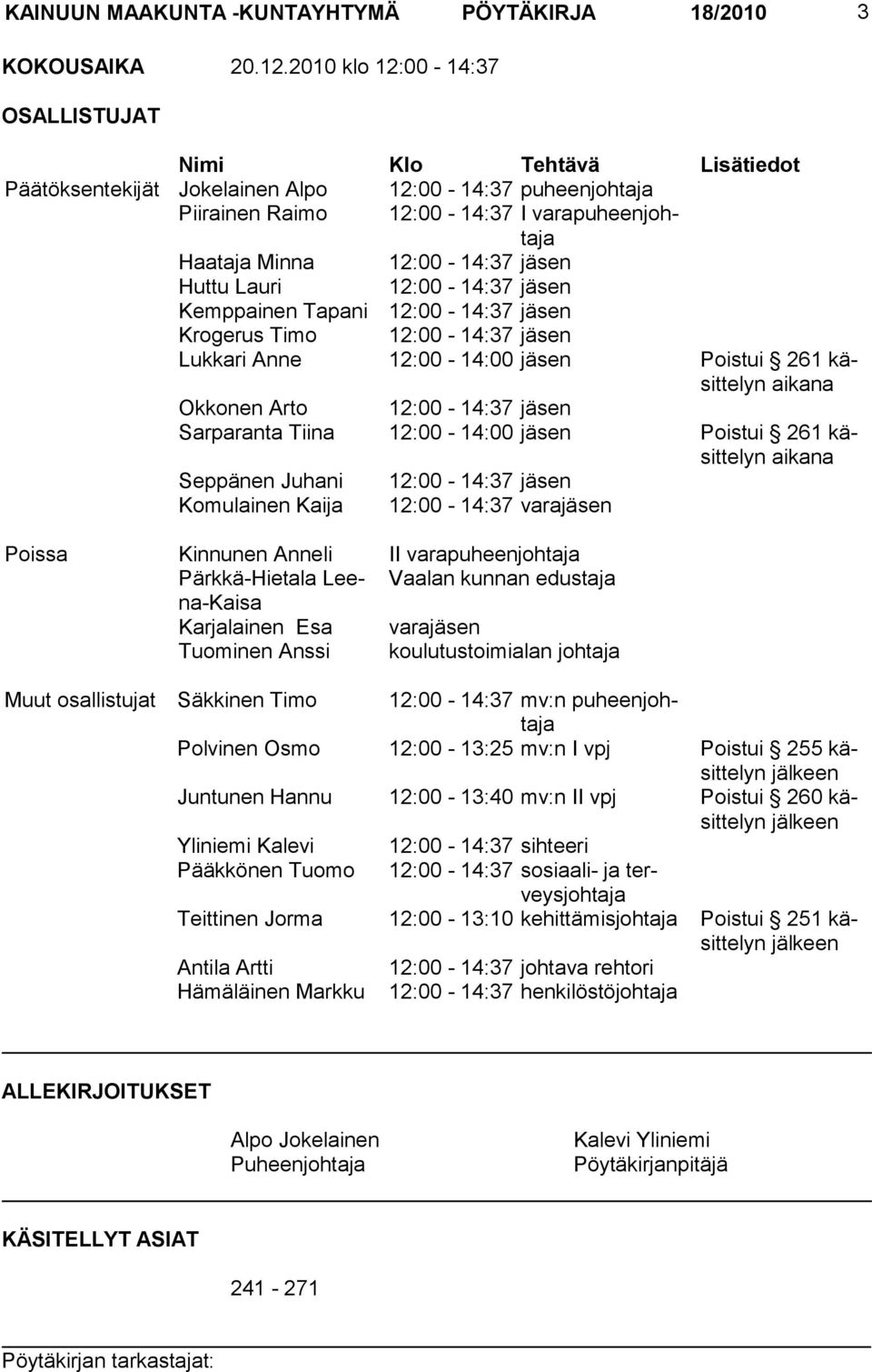 jäsen Huttu Lauri 12:00-14:37 jäsen Kemppainen Tapani 12:00-14:37 jäsen Krogerus Timo 12:00-14:37 jäsen Lukkari Anne 12:00-14:00 jäsen Poistui 261 käsittelyn aikana Okkonen Arto 12:00-14:37 jäsen