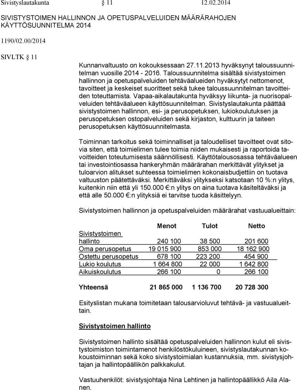 toteuttamista. Vapaa-aikalautakunta hyväksyy liikunta- ja nuo ri so palve lui den tehtäväalueen käyttösuunnitelman.