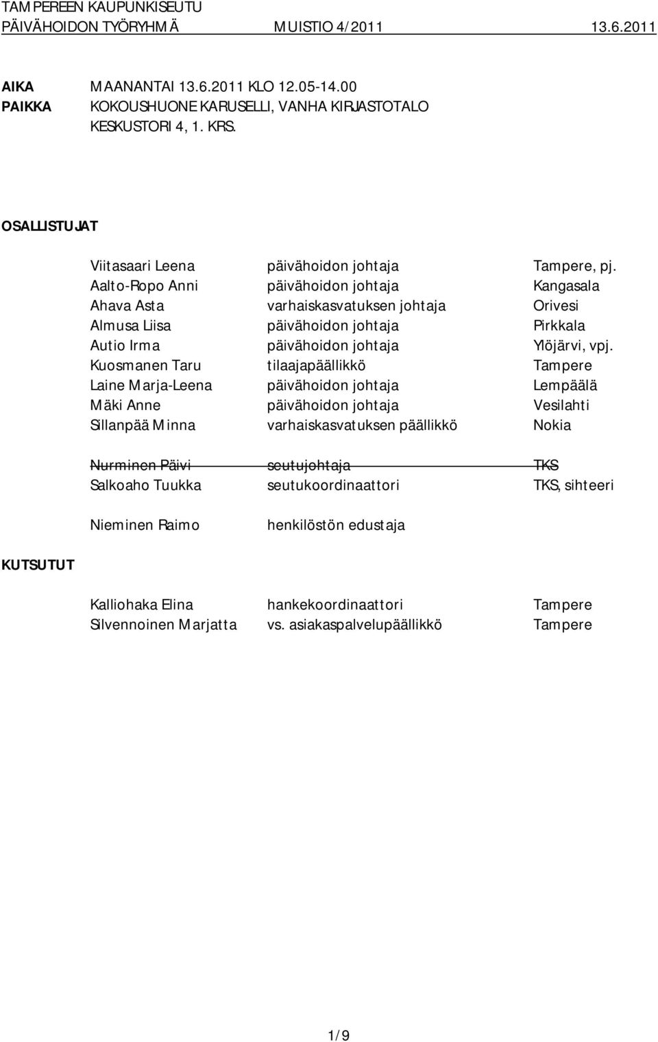 Kuosmanen Taru tilaajapäällikkö Tampere Laine Marja Leena päivähoidon johtaja Lempäälä Mäki Anne päivähoidon johtaja Vesilahti Sillanpää Minna varhaiskasvatuksen päällikkö Nokia Nurminen