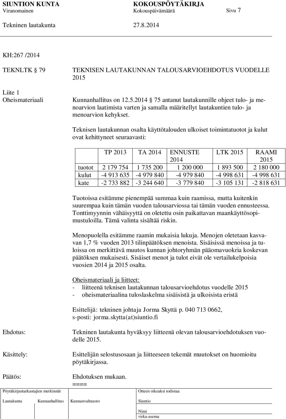 Teknisen lautakunnan osalta käyttötalouden ulkoiset toimintatuotot ja kulut ovat kehittyneet seuraavasti: TP 2013 TA 2014 ENNUSTE 2014 LTK 2015 RAAMI 2015 tuotot 2 179 754 1 735 200 1 200 000 1 893