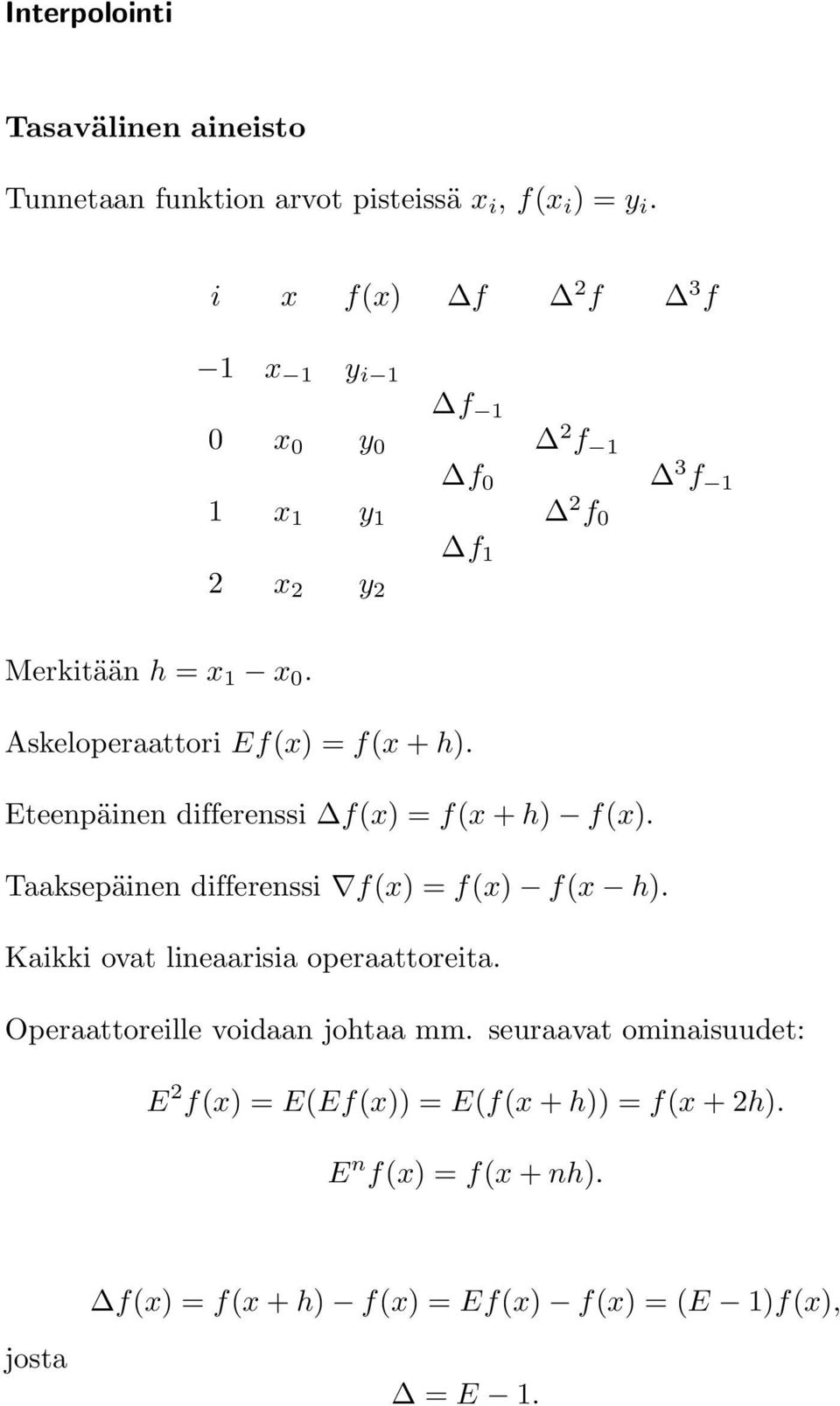 Eteenpäinen differenssi f(x) = f(x + h) f(x). Taaksepäinen differenssi f(x) = f(x) f(x h). Kaikki ovat lineaarisia operaattoreita.