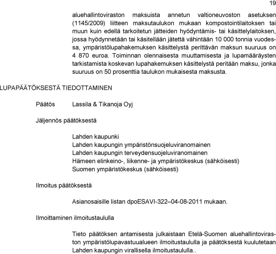 euroa. Toiminnan olennaisesta muuttamisesta ja lupamääräysten tarkistamista koskevan lupahakemuksen käsittelystä peritään maksu, jonka suuruus on 50 prosenttia taulukon mukaisesta maksusta.