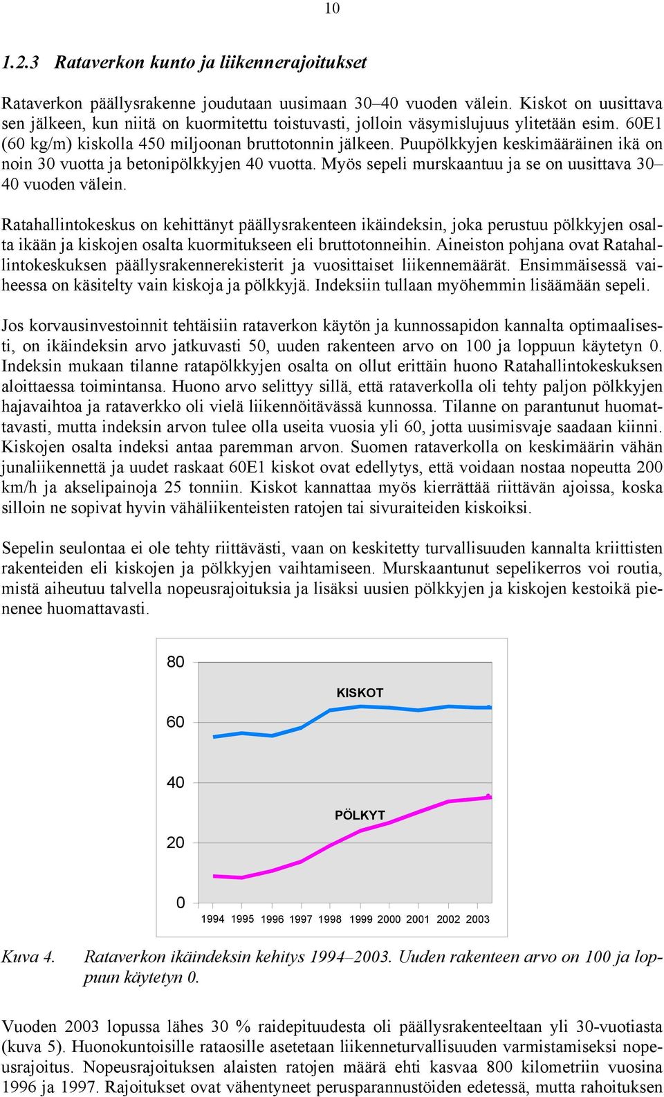 Puupölkkyjen keskimääräinen ikä on noin 30 vuotta ja betonipölkkyjen 40 vuotta. Myös sepeli murskaantuu ja se on uusittava 30 40 vuoden välein.