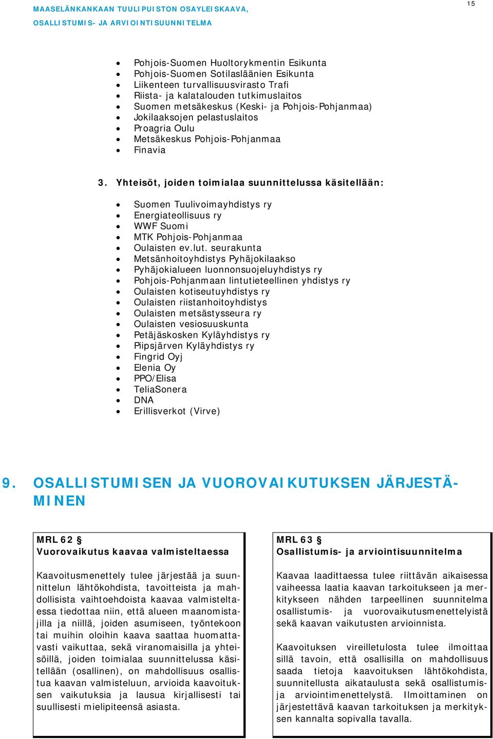 Yhteisöt, joiden toimialaa suunnittelussa käsitellään: Suomen Tuulivoimayhdistys ry Energiateollisuus ry WWF Suomi MTK Pohjois-Pohjanmaa Oulaisten ev.lut.