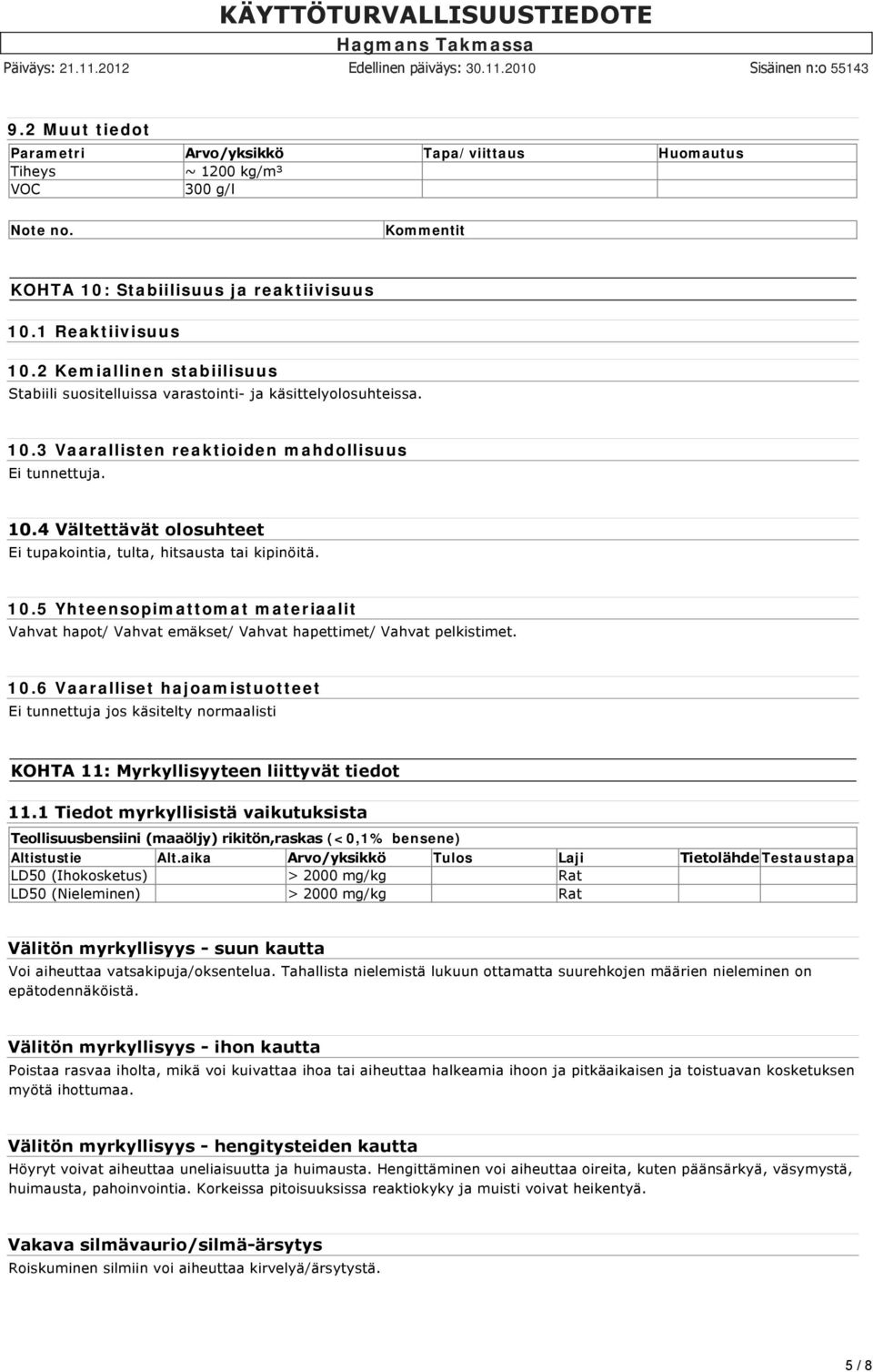 10.5 Yhteensopimattomat materiaalit Vahvat hapot/ Vahvat emäkset/ Vahvat hapettimet/ Vahvat pelkistimet. 10.