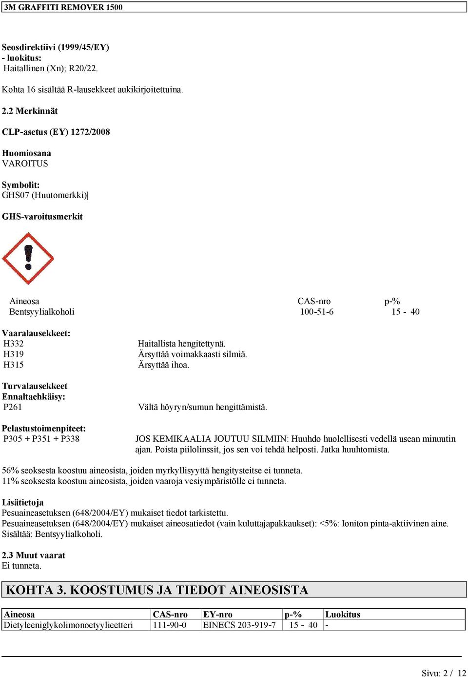 Turvalausekkeet Ennaltaehkäisy: P261 Pelastustoimenpiteet: P305 + P351 + P338 Haitallista hengitettynä. Ärsyttää voimakkaasti silmiä. Ärsyttää ihoa. Vältä höyryn/sumun hengittämistä.