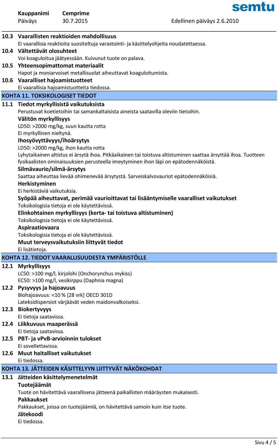 KOHTA 11. TOKSIKOLOGISET TIEDOT 11.1 Tiedot myrkyllisistä vaikutuksista Perustuvat koetietoihin tai samankaltaisista aineista saatavilla oleviin tietoihin.