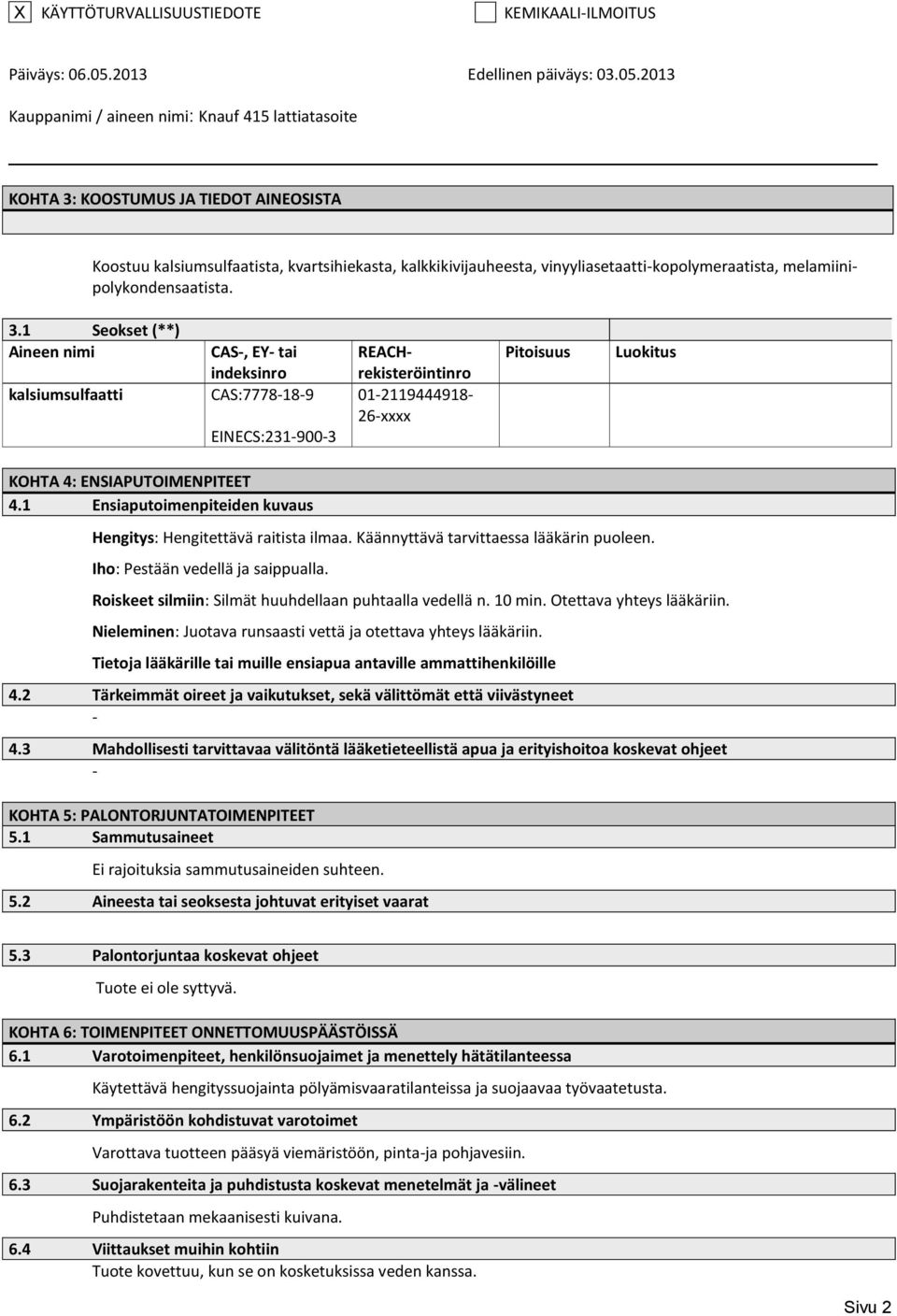 1 Seokset (**) Aineen nimi kalsiumsulfaatti CAS, EY tai indeksinro CAS:7778189 EINECS:2319003 REACHrekisteröintinro 012119444918 26xxxx Pitoisuus Luokitus KOHTA 4: ENSIAPUTOIMENPITEET 4.