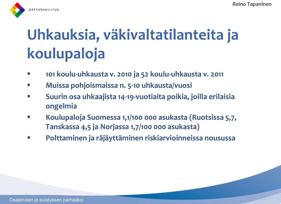 5-10 uhkausta/vuosi Suurin osa uhkaajista 14-19-vuotiaita poikia, joilla erilaisia ongelmia