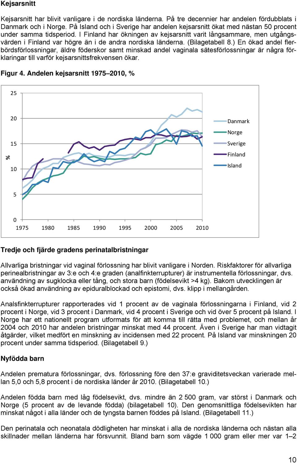 I Finland har ökningen av kejsarsnitt varit långsammare, men utgångsvärden i Finland var högre än i de andra nordiska länderna. (Bilagetabell 8.