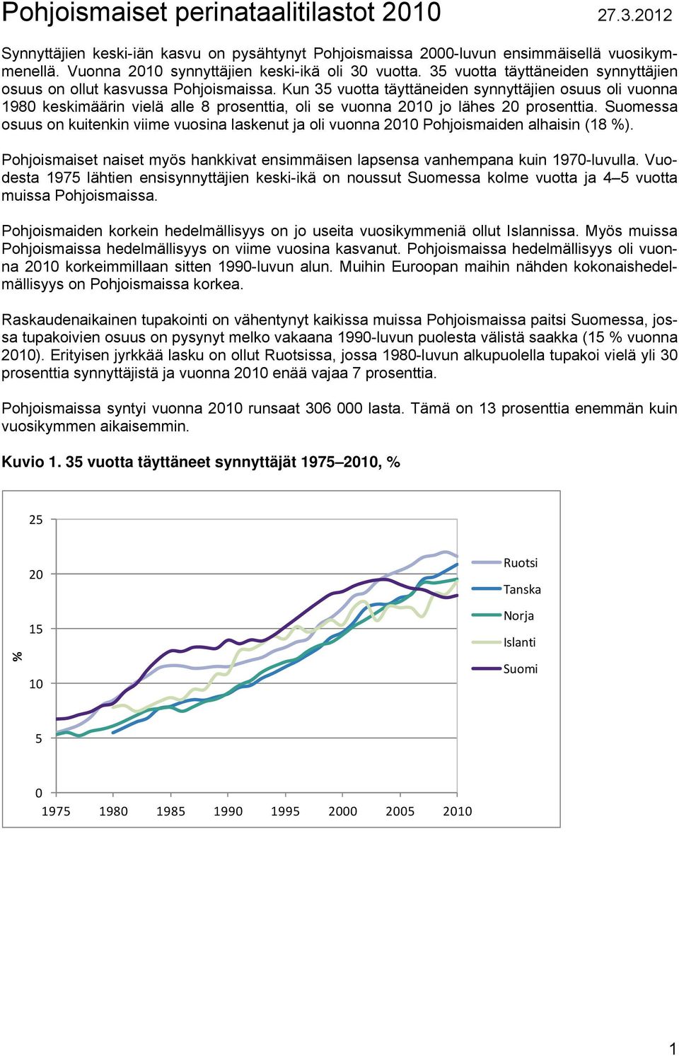 Kun 35 vuotta täyttäneiden synnyttäjien osuus oli vuonna 1980 keskimäärin vielä alle 8 prosenttia, oli se vuonna 2010 jo lähes 20 prosenttia.