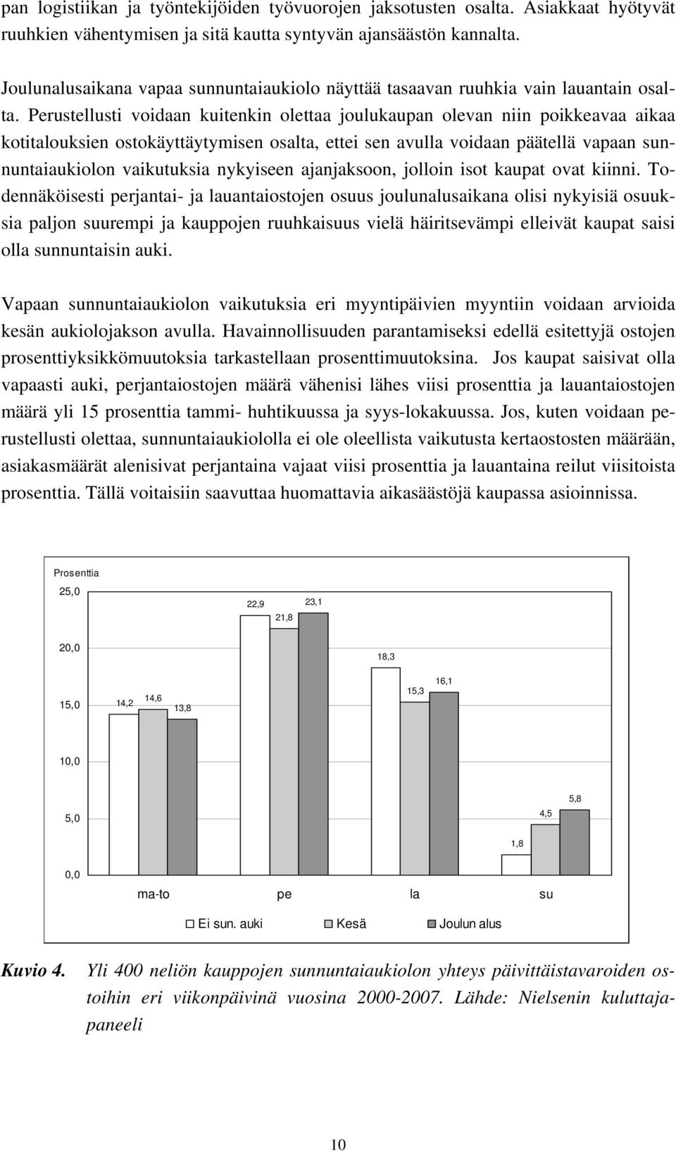 Perustellusti voidaan kuitenkin olettaa joulukaupan olevan niin poikkeavaa aikaa kotitalouksien ostokäyttäytymisen osalta, ettei sen avulla voidaan päätellä vapaan sunnuntaiaukiolon vaikutuksia