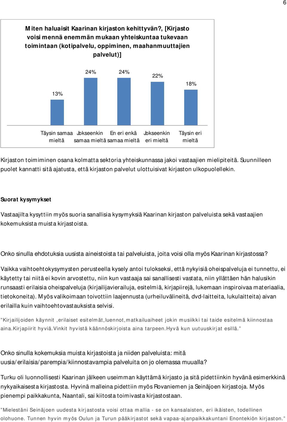 sektoria yhteiskunnassa jakoi vastaajien mielipiteitä. Suunnilleen puolet kannatti sitä ajatusta, että kirjaston palvelut ulottuisivat kirjaston ulkopuolellekin.