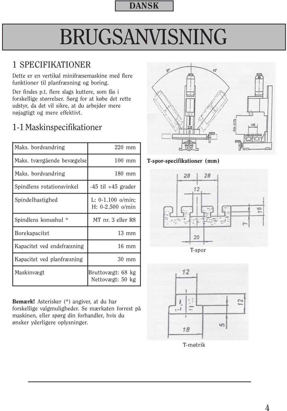 bordvandring Spindlens rotationsvinkel Spindelhastighed Spindlens konushul * Borekapacitet Kapacitet ved endefræsning Kapacitet ved planfræsning Maskinvægt 220 mm 100 mm 180 mm -45 til +45 grader L: