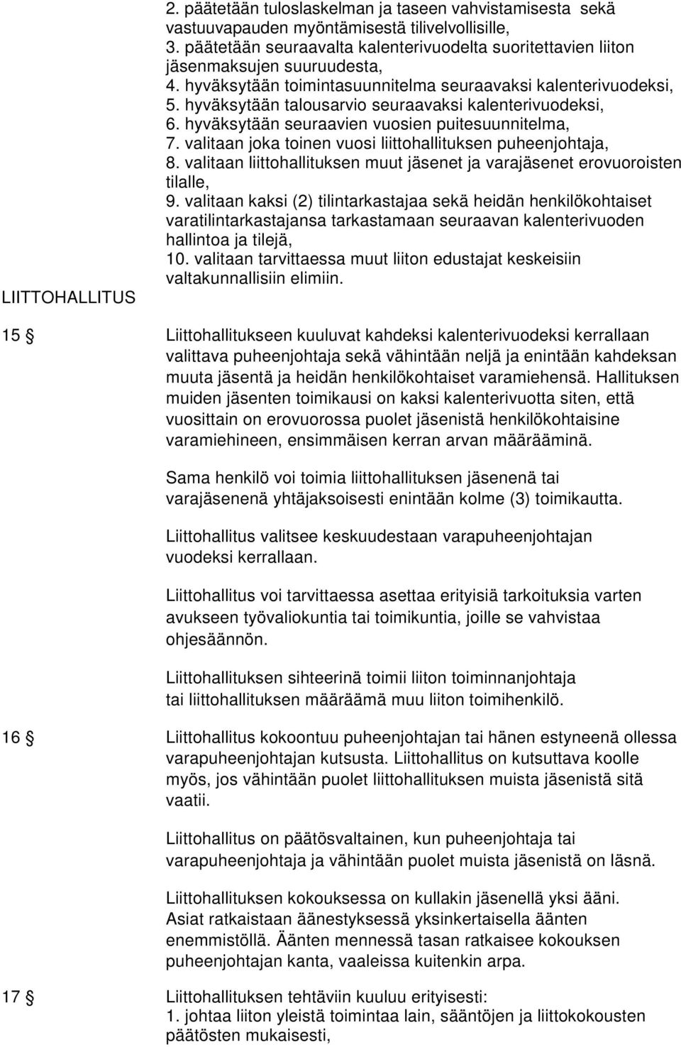 hyväksytään talousarvio seuraavaksi kalenterivuodeksi, 6. hyväksytään seuraavien vuosien puitesuunnitelma, 7. valitaan joka toinen vuosi liittohallituksen puheenjohtaja, 8.