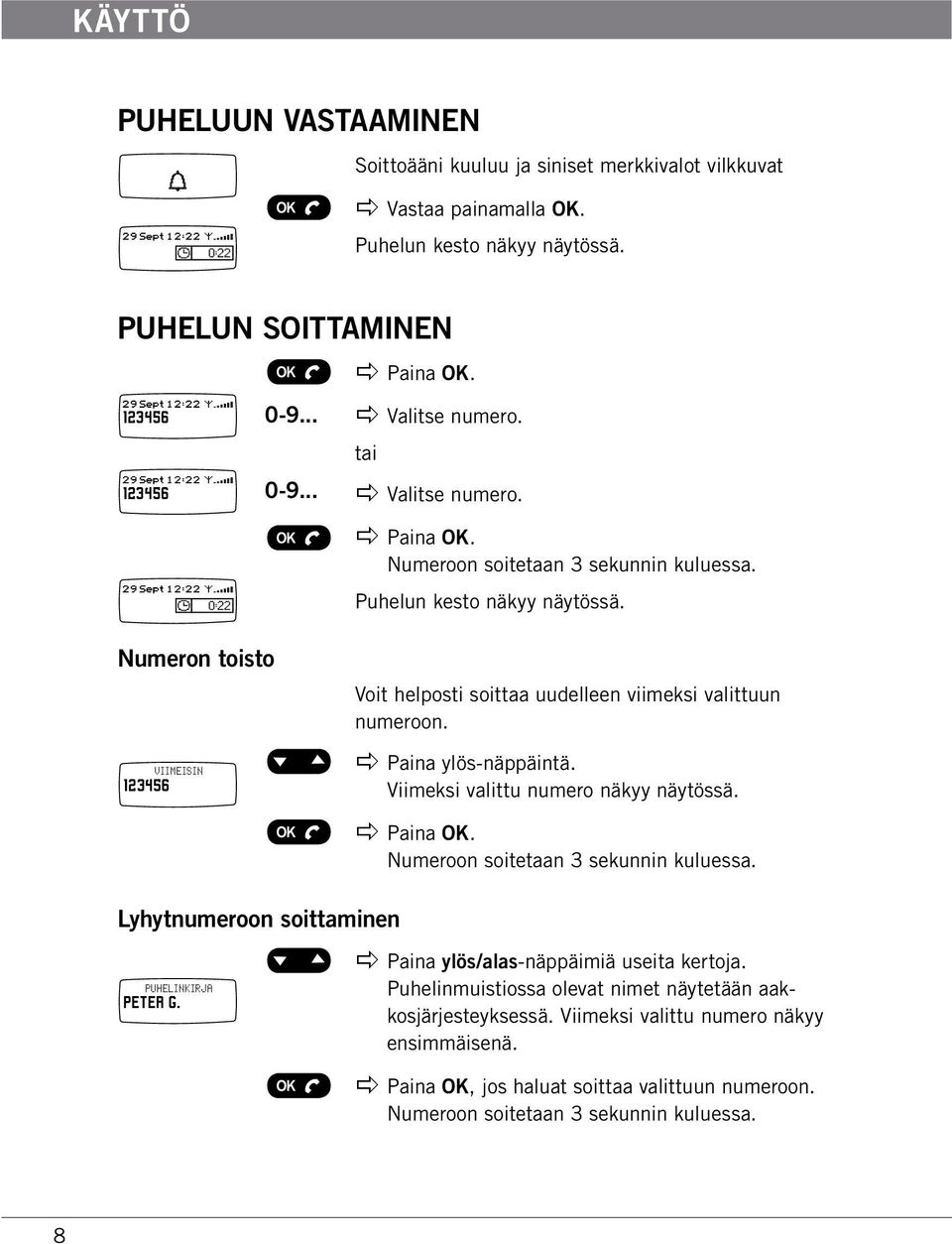 apple Paina ylös-näppäintä. Viimeksi valittu numero näkyy näytössä. Numeroon soitetaan 3 sekunnin kuluessa. Lyhytnumeroon soittaminen PUHELINKIRJA PETER G.