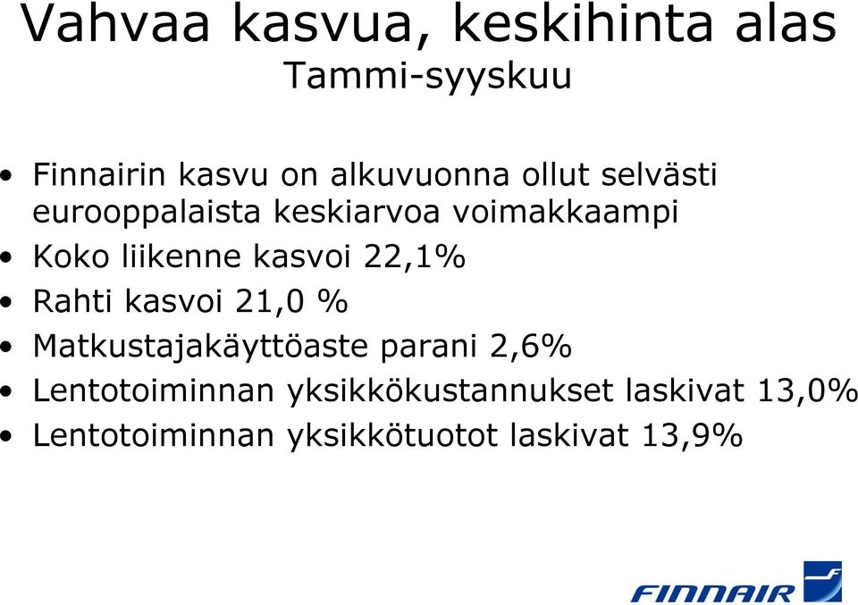 22,1% Rahti kasvoi 21,0 % Matkustajakäyttöaste parani 2,6% Lentotoiminnan