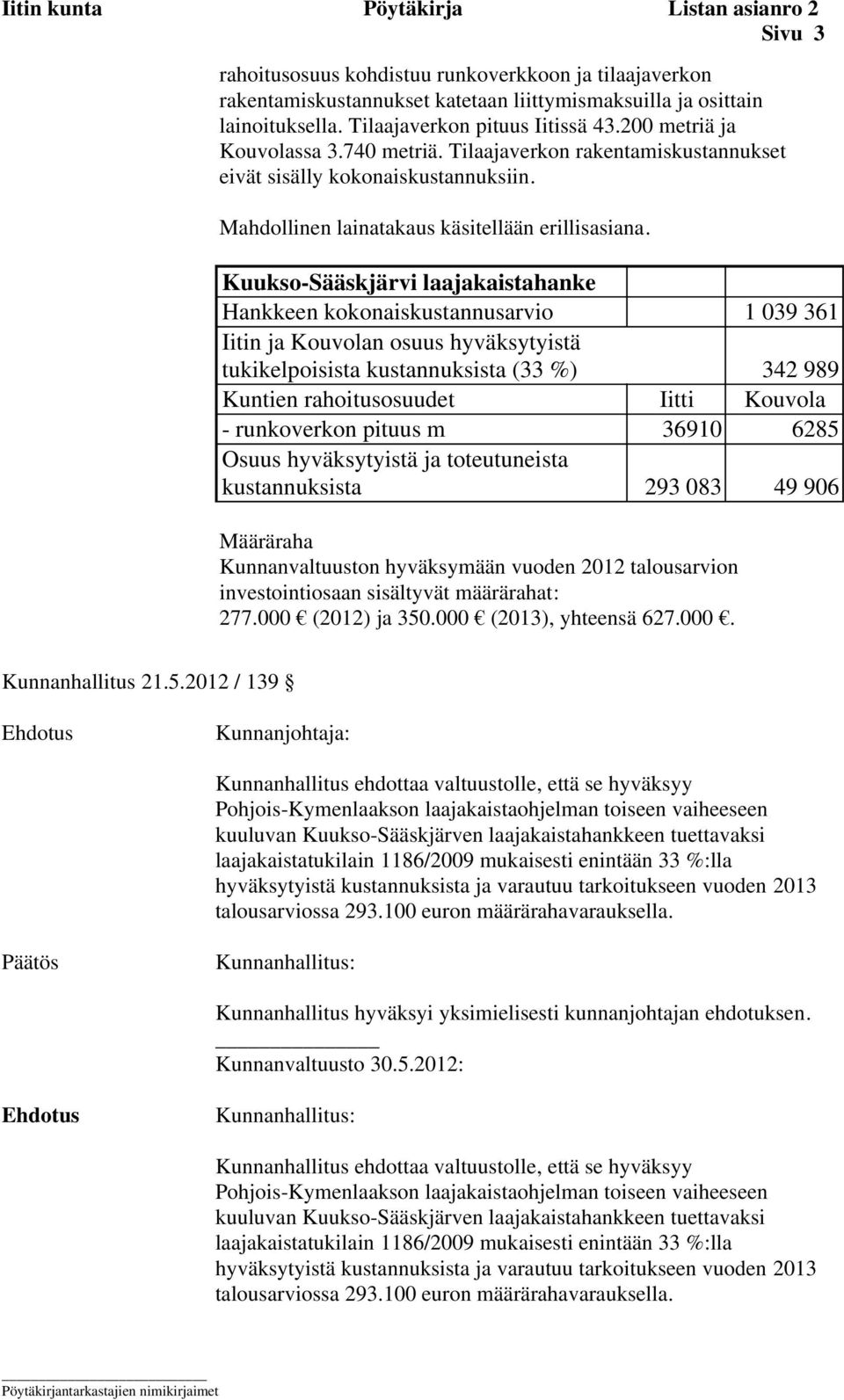 Kuukso-Sääskjärvi laajakaistahanke Hankkeen kokonaiskustannusarvio 1 039 361 Iitin ja Kouvolan osuus hyväksytyistä tukikelpoisista kustannuksista (33 %) 342 989 Kuntien rahoitusosuudet Iitti Kouvola