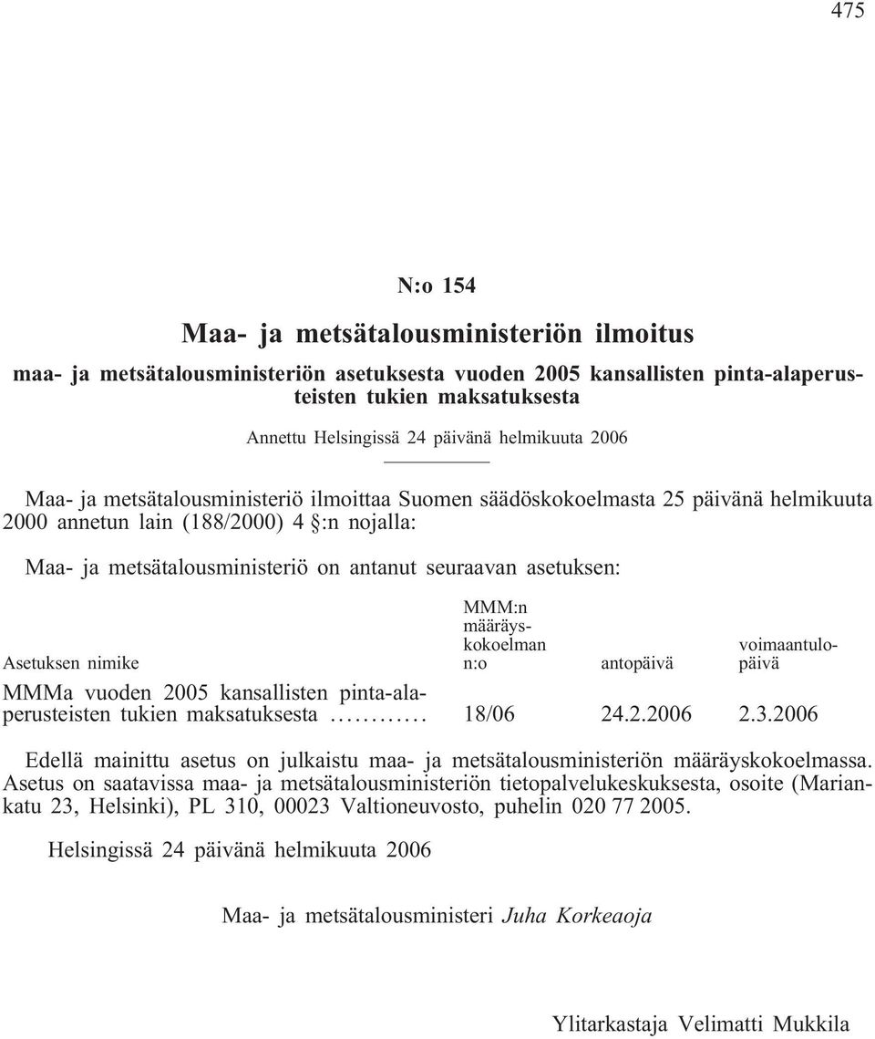 asetuksen: MMM:n määräyskokoelman n:o voimaantulopäivä Asetuksen nimike antopäivä MMMa vuoden 2005 kansallisten pinta-alaperusteisten tukien maksatuksesta... 18/06 24.2.2006 2.3.